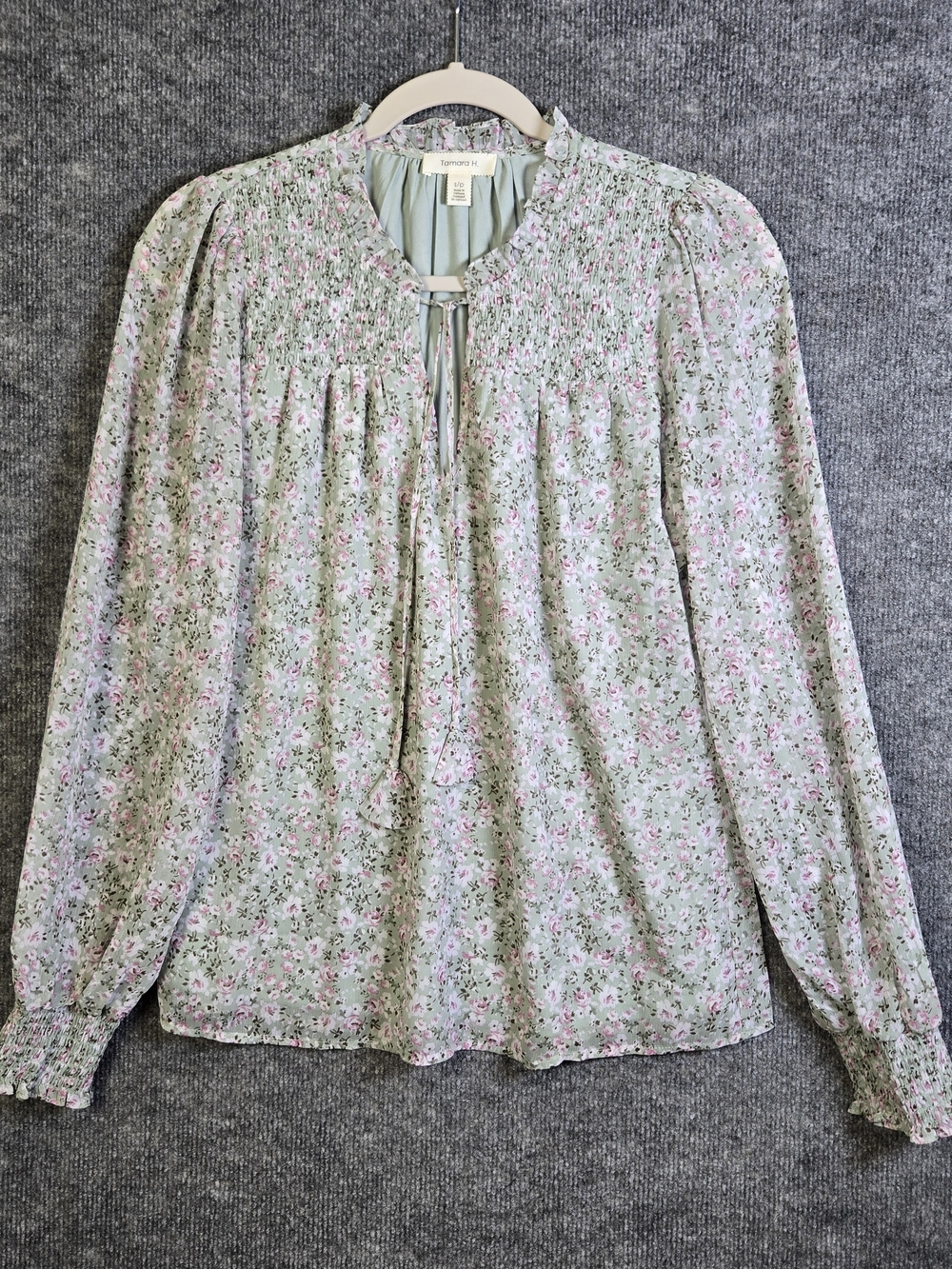 Tamara H Top Womens S Green Pink Garden Floral Chiffon Ruffle Tie Peasant